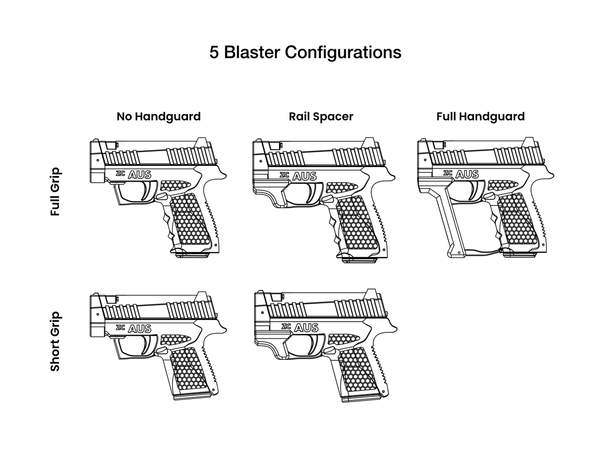 Zc Aus 3D printed toy nerf blasters configuration table. A black and white diagram titled '5 Blaster Configurations' showing six pistol-style blaster outlines arranged in a grid, labeled for combinations of full handguard, rail spacer, and grip style.