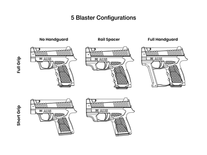 Zc Aus 3D printed toy nerf blasters configuration table. A black and white diagram titled '5 Blaster Configurations' showing six pistol-style blaster outlines arranged in a grid, labeled for combinations of full handguard, rail spacer, and grip style.