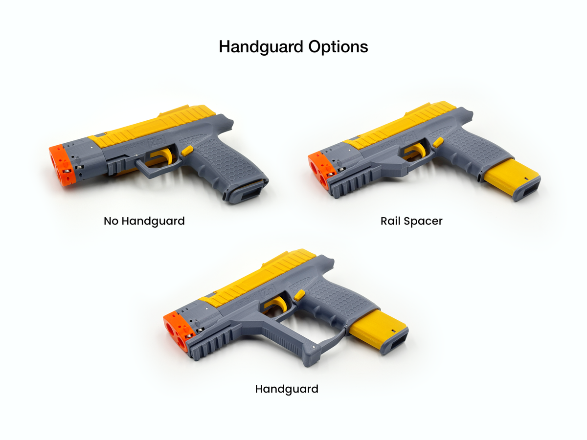 Handguard configurations of the Znc Aus 3D-printed toy nerf blaster with gray and yellow design on a white background