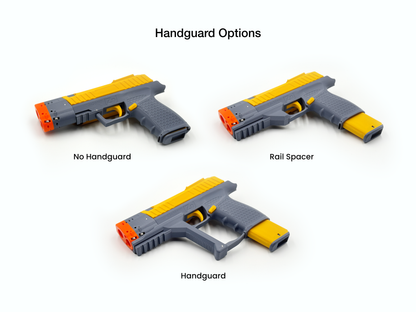 Handguard configurations of the Znc Aus 3D-printed toy nerf blaster with gray and yellow design on a white background